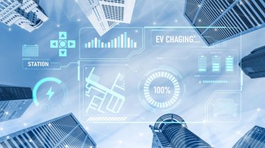 Gerçek zamanlı pil seviyesini gösteren elektrikli araçlar için şarj arayüzü, şarj durumu, güç çıkışı, istasyon konumu ve verimli enerji yönetimi kesesi için navigasyon