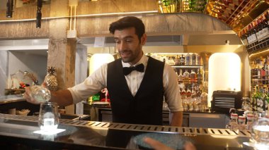 Lüks bir barda VIP müşterisi olan zeki bir barmen sıcak bir gece kulübünün ışıklandırma atmosferinde canlı bir sohbet için tezgahta yeni ve güzel bir konuğu selamlıyor. Vinosity.