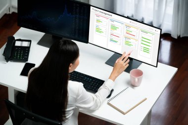 Ekip projesinin zaman çizelgesini gösteren bilgisayar ekranında canlı iş projesi yönetimi için proje planlama yazılımı