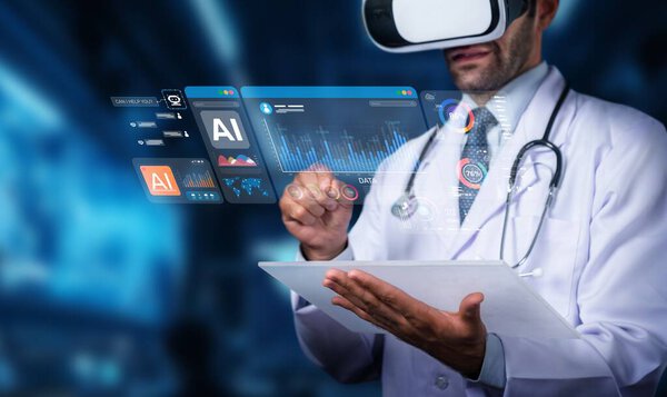 Медицинский работник работает с виртуальной реальностью, чтобы визуализировать данные, улучшая мониторинг пациентов и медицинские исследования в современной среде здравоохранения. PHMT