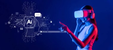 Sanal gerçeklikteki bir kullanıcının yapay zeka teknolojisiyle ilgili canlı bir sahnesini keşfedin. Görüntü, gelişmiş dijital ortamlar ve otomasyon ile insan etkileşiminin karışımını gösteriyor. XDMCP