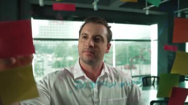 Profesyonel erkek lider yapışkan notlar üzerine pazarlama fikri yazıyor. Kafkasyalı işadamı cam duvarda renkli yapışkan notlar kullanırken pazarlama kampanyasını düşünüyor. - Yakın çekim. Yönlendirici.