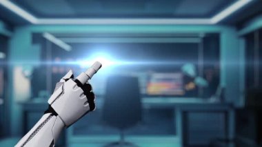 Modern bir iş ortamında yenilik ve teknolojiyi vurgulayan, çeşitli grafik ve analizleri gösteren gelişmiş bir veri arayüzü ile ilgilenen robotik bir el. Auvana