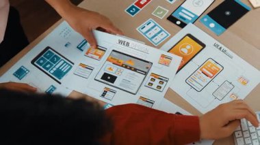 Mobil uygulama ya da web sitesi için kullanıcı arayüzü prototipi planlayan şirket çalışanlarının en iyi görünüm videosu. UX UI tasarımcı beyin fırtınası kullanıcı dostu arayüz planı. Sinerjik