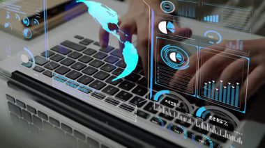 Dünya çapında dijital iletişimi, veri alışverişini ve internet bağlantısını gösteren yüksek teknolojili küresel ağ bağlantı arayüzü. Küresel bağlantı, veri etkileşimi ve dünya çapında iletişim. Thunk