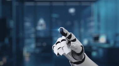 Bir robot el, çağdaş teknoloji odaklı bir ortamda yenilikçi veri koruma kavramlarını gösteren yüksek teknolojili bir dijital güvenlik arayüzüne bağlanır. Auvana