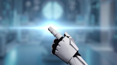 Tıbbi verilere ya da teşhis semptomlarına erişmek için robot ellerle beyin hologramına tıklayın. Yapay zeka semptomları analiz ederken beyin anatomisini kontrol eden robot el. Sağlıklı..