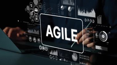 Modern dijital çalışma alanı grafik, grafik ve teknoloji arayüzleri ile çevik metodoloji kavramını sergiliyor. Asemptotik akıllı veri analitiği.