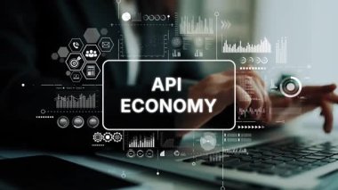 Bilgisayarda, veri görselleştirme ve teknoloji grafikleri ile Dijital API Ekonomi Konsepti ile Profesyonel Girişim. Asemptotik akıllı veri analitiği.