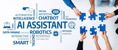 Çeşitli bir grup el, yapay zeka, robot bilimi ve akıllı teknoloji çözümleri alanlarındaki işbirliğini simgeleyen yapboz parçalarını bir araya getirmek için birlikte çalışır. Dostluk