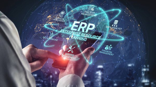 ERP platform visual showing centralized system for enterprise resource planning, improving integration, data flow, business efficiency, finance, inventory, and human resources. Muxer