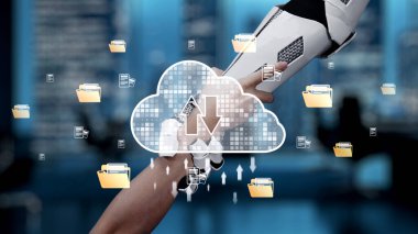 Yüksek teknolojili bir ortamda veri yükleme ve indirme süreçlerini sembolize eden, bulut teknolojisiyle uğraşan robotik bir eli gösteren fütürist bir illüstrasyon. Auvana