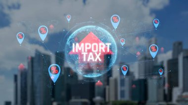 City Skyline üzerinden Global Reach ile Vergi İthalatı Konsepti İthalat ve Ekonomik Politika Etkilerini Vurguluyor. Sevkiyat.