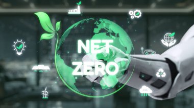 Bir robotik el, sürdürülebilirlikte ve çevre dostu çözümlere yönelik dürtüde teknolojik rol oynayan, net sıfır hırs gösteren yeşil bir küreye doğru uzanır. Auvana