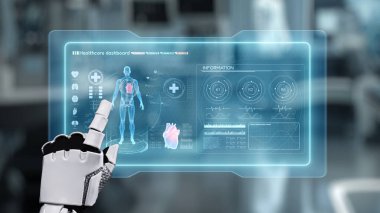 İnsan anatomisine tıklayarak tıbbi verilere ya da teşhislere ulaşın. Semptomu analiz ederken X ışını hologramında robot el kontrolü. Sağlıklı..