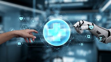 Robot ve insan elini uzatıyor ve yüzen tıbbi haç ikonu ile parmağıyla işaret ediyor. Laboratuvar geçmişini işaret ederken robot eller ve insanların birlikte çalışması yakın plan. Sağlıklı..