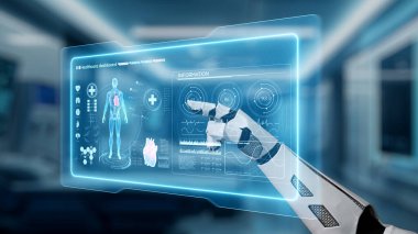 İnsan anatomisini gösteren ve bulanık laboratuvar geçmişine sahip robot el işaretlerini kapat. Robot el, tıbbi verileri teşhis semptomlarına bağlamak için x ray gösterge paneline tıklıyor. Sağlıklı..