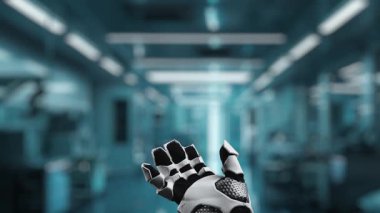 Tıbbi haç hologramı havada süzülürken robot elinin avuç içini kapat. Tıbbi verilere erişip, semptomlara bağlanırken tıbbi çapraz holografiği gösteren bir el. Sağlıklı..