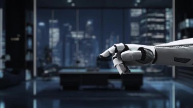 Bir robot el, lüks bir şehir ofisinde, iş verimliliği ve analitik üzerindeki teknoloji etkisini sembolize eden, maliyet azaltma stratejileri sergileyen dijital simgelerle meşgul oluyor. Auvana