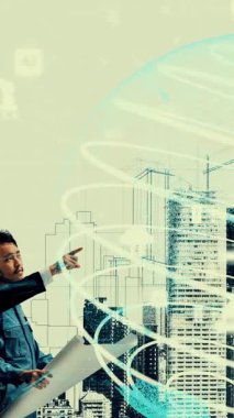 Şehir sivil planlama ve yaratıcı gayrimenkul geliştirme. Yaratıcı şehir binası tasarlamak için soyut şehir çizimine bakan mimar insanlar. Mimarlık hayali ve hırs konsepti.