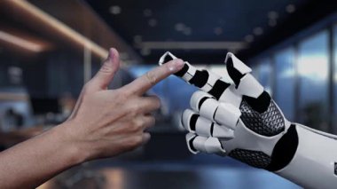 Bu video, dijital bir e-ticaret arayüzü üzerinden etkileşen bir insan eli ve robotik bir el tasvir ediyor, karmaşık bir ortamda alışveriş arabası simgeleri ve modern teknoloji unsurları sergiliyor. Auvana