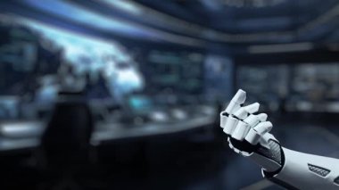 Fütürist bir robot el, modern teknoloji ortamında veri transferi ve dijital bağlantıyı sembolize ederek parlayan bulut simgeleriyle etkileşime giriyor. Auvana