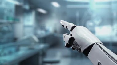 Robotik el işaretini kapat ve bulanık laboratuvar geçmişine sahip çapraz holograma dokun. Tıbbi verilere erişmek ve onları teşhis etmek için robot el tıklaması. Sağlıklı..