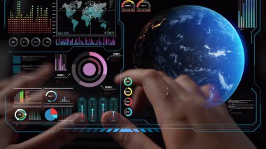 Dünya çapında dijital iletişimi, veri alışverişini ve internet bağlantısını gösteren yüksek teknolojili küresel ağ bağlantı arayüzü. Küresel bağlantı, veri etkileşimi ve dünya çapında iletişim. Thunk