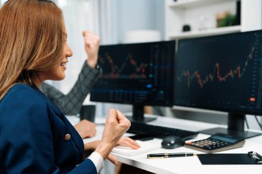 Gülümseyen iş ortakları, kâr borsası ile yumruklarını kaldırarak internet sitesi uygulamasına bakarak ev ofisinin arka tarafındaki dinamik grafikle başarılı oldular. İnfobahn.