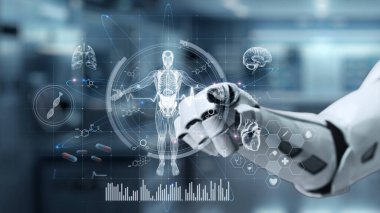 İnsan anatomisini gösteren ve bulanık laboratuvar geçmişine sahip robot el işaretlerini kapat. Robot el, tıbbi verileri teşhis semptomlarına bağlamak için x ray gösterge paneline tıklıyor. Sağlıklı..