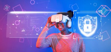 Modern bir dijital ortamda sanal gerçeklik, siber güvenlik, mahremiyet ve çevrimiçi güvenlik kavramlarını araştıran bir kişi. XDMCP