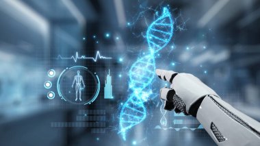 Bulanık laboratuvar arka planına sahip DNA hologramına robotik el gösterimi ve dokunuşlarını kapat. Tıbbi verilere erişmek ve onları teşhis semptomlarına bağlamak için robot el DNA ikonuna tıklıyor. Sağlıklı..