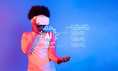 Bir kadın üretken içerik ve yapay zeka teknolojileri ile uğraşırken VR kulaklık takarak büyüleyici bir dijital alanda yapay zeka keşfediyor. XDMCP