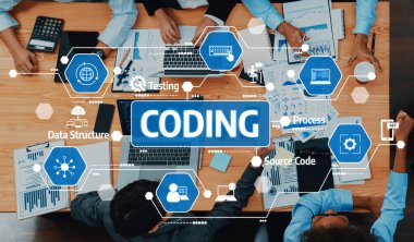 Modern bir çalışma alanında dizüstü bilgisayarlar, belgeler ve çizelgelerin yer aldığı, takım çalışması ve teknolojinin sergilendiği işbirlikçi bir kodlama oturumunun dinamik bir görüntüsü. Dostluk