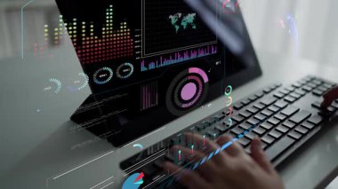 Dünya çapında dijital iletişimi, veri alışverişini ve internet bağlantısını gösteren yüksek teknolojili küresel ağ bağlantı arayüzü. Küresel bağlantı, veri etkileşimi ve dünya çapında iletişim. Thunk