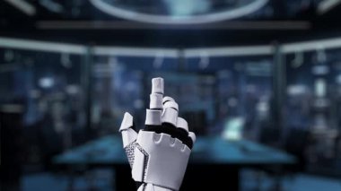 Gösterişli bir robot el, yapay zeka ve teknolojinin gelişimini temsil eden, vites simgeleriyle dolu bir baş silueti içeren dijital bir ekrana işaret ediyor. Auvana