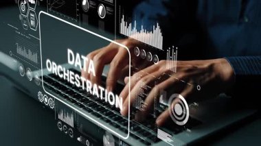 Teknoloji ve İş Uygulamaları için Yenilikçi Eller Dizüstü Bilgisayarda Veri Orkestrasyonu Konsepti ve Dijital Görselleştirmeleri ile Yazıyor. Asemptotik akıllı veri analitiği.