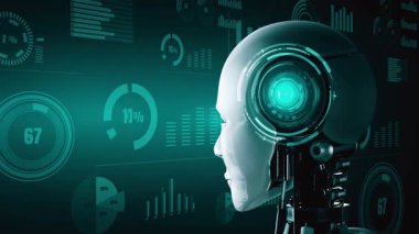 Future financial technology controll by AI robot huminoid uses machine learning and artificial intelligence to analyze business data and give advice on investment and trading decision . 3D rendering .