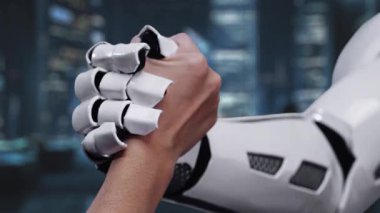 Bir insan eli, dinamik dijital arkaplana karşı kurulmuş yapay zeka teknolojisi simgelerine uzanıyor ve modern bir kontrol odasındaki yenilik ve bağlanabilirliğin bütünlüğünü sembolize ediyor. Auvana