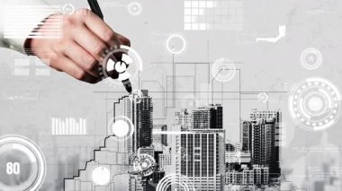 Şehir sivil planlama ve yaratıcı gayrimenkul geliştirme. Yaratıcı şehir binası tasarlamak için soyut şehir çizimine bakan mimar insanlar. Mimarlık hayali ve hırs konsepti.