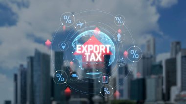 Uluslararası Ticaret ve Gümrük Düzenlemelerini Temsil Eden Finansal Elementler ve Arkaplanda City Skyline ile Küresel İhracat Vergisi Konsepti. Sevkiyat.