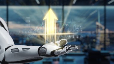 Gösterişli bir robot elinde, modern ofis ortamında dinamik bir yükseliş eğilimi ve finansal analizi sunan, borsa büyümesinin dijital bir görüntüsü yer alıyor. Auvana