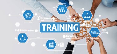 Takım çalışması ve e-öğrenme yoluyla yenilikçi eğitim metodolojileri ve beceri geliştirmeyi vurgulayan, işbirlikçi bir eğitim sürecinde yer alan dinamik bir görsel gösteri elleri. Dostluk