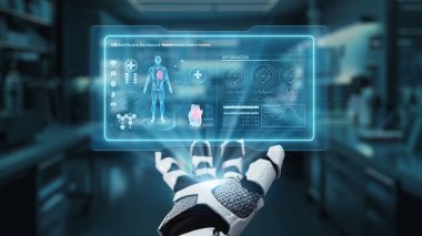 İnsan anatomisi hologramının yüzdüğü bir avuç içi açık robot eli kapat. Robot el, tanı koymak için veriye erişip bağlantı kurarken x ışını hologramını sunuyor. Sağlıklı..
