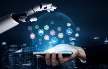 AI, finansal, analitik ve modern endüstrilerdeki güvenli bulut platformları gibi kilit hizmetleri temsil edecek iş simgelerinden oluşan dijital bir ekosistem oluşturulması ve görselleştirilmesine yardımcı olmaktadır.