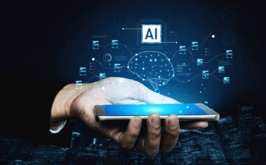 Yapay zekayı beyin yapısı, çip ve bağlı veri bloklarını hesaplama ve öğrenme kesesi ile görselleştiren yapay zeka ve veri işleme sistemi