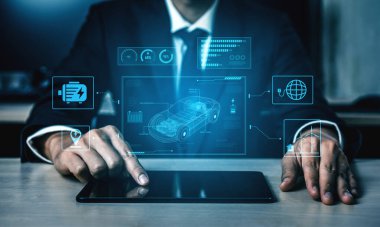 Akü sistemi, güç kontrolü, çekiş motoru, şarj arayüzü ve yenilenebilir ve akıllı enerji kaynaklarıyla bütünleşmeyi gösteren teknik bir tasarım.