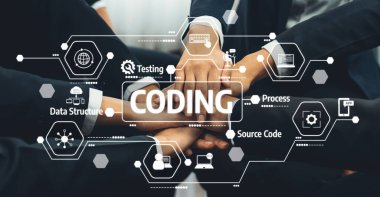 Bu resim, kodlama ve yazılım gelişimindeki takım çalışmasını sembolize eden çeşitli el gruplarının yanı sıra teknoloji ve işbirliğinin anahtar unsurlarını da gösteriyor. Dostluk