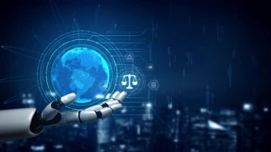 Adalet ölçeğini gösteren fütürist dijital hukuk arayüzü, dijital hukukun altını çizen, AI uyumu, dijital hukuk sistemleri ve güvenli yönetim için dijital hukuk düzenlemeleri. Muxer