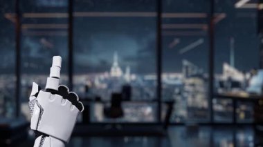 Fütürist bir robot el modern ofis ortamında dijital finansal grafikler ve grafiklerle etkileşime girer. Şehrin ufuk çizgisi gece aydınlanır, yenilikler sergilenir. Auvana